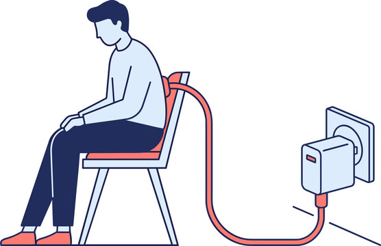 Digital Fatigue Burnout Concept Illustration Exhausted Person Recharging Energy via Power Cord Connected to Wall Outlet Metaphor for Technology Overload Mental Health Stress and Tiredness Modern Work