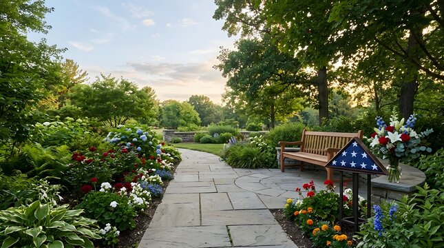 Beautiful garden path leading towards a bright and peaceful sky in summer