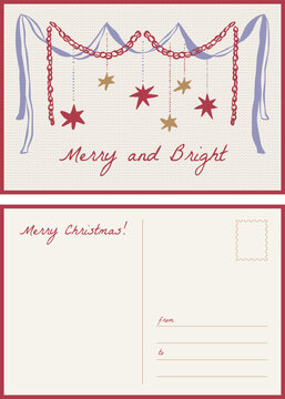 Christmas postcard template with "Merry and Bright" lettering, a red paper chain garland, blue draped ribbons and hanging stars on a knit texture background. Front and back with stamp and address line