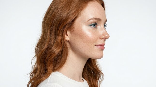 Red-haired young woman in a side beauty portrait with fair freckled skin and a subtle cool-blue eye accent, white background, dewy complexion, soft diffused studio light and refined editorial