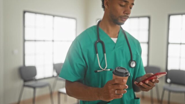 Man doctor in green scrubs holds coffee cup and smartphone with stethoscope around neck in clinic; thoughtful duty.