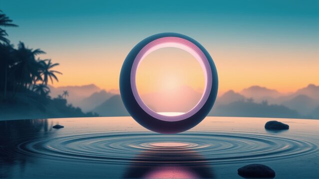 Glowing ring above water creates ripples. Sunset colors dominate sky, mountains visible. Palm trees frame serene scene.