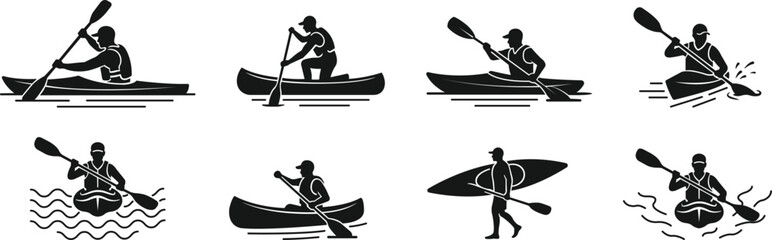 Canoe kayak kayaking paddle rower water sport icon set collection in black flat and line style editable outdoor activity elements group isolated on transparent background vector symbol © Asia