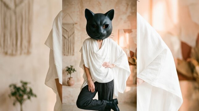 Person wearing oversized black cat-head mask and white draped top, surreal fashion portrait, warm neutral background, conceptual editorial photography, soft peach highlights, playful mysterious mood.