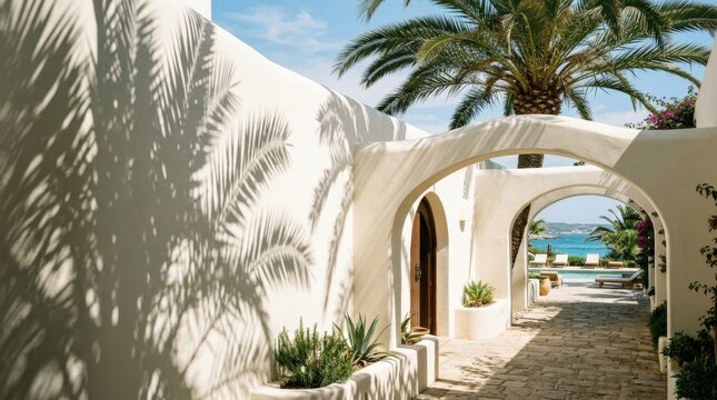 Minimal white stucco architecture with rounded archways partly covered by dramatic palm-leaf shadows, luxury resort architectural photography, high-key cream walls, warm beige undertones and dark