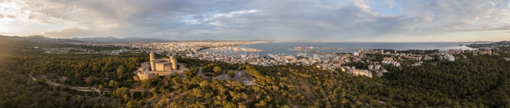 Aerial view, evening mood, round Castell de Bellver castle, view over the city of Palma de Majorca, Majorca, Spain