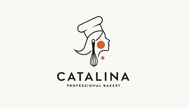 featuring flowing hair and a whisk in hand. Clean profile illustration with smooth curves and a modern monochrome style,