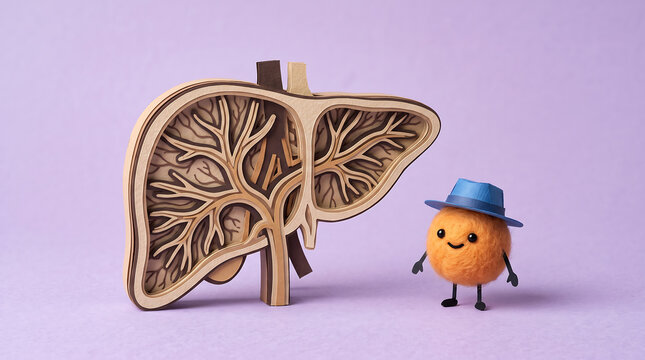Cartoon character standing next to detailed liver anatomy illustration model