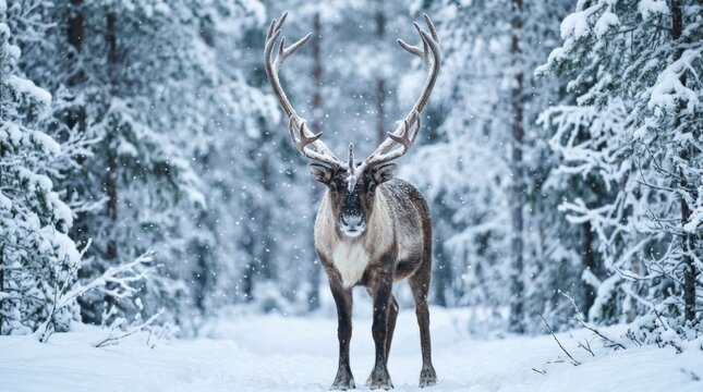 Majestic reindeer standing in a snowy forest, front-facing winter wildlife portrait, large antlers dusted with snow, cool icy blue and white palette, soft falling snow, shallow atmospheric background