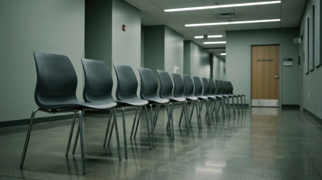 Empty row of modern molded chairs in a quiet institutional waiting area, cinematic interior photography, cool desaturated green-gray palette, low side perspective, fluorescent ambient light, polished