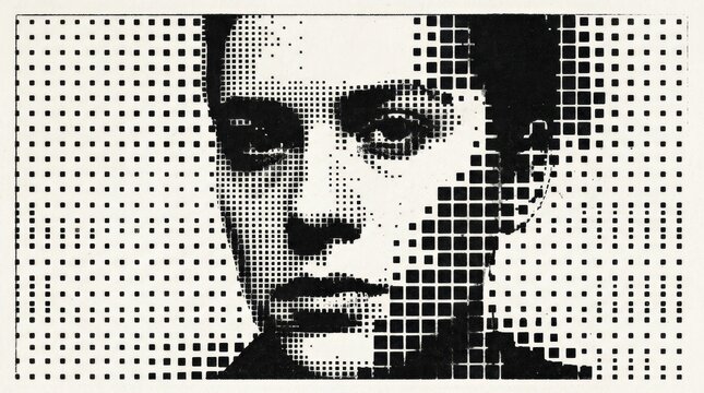 Black-and-white halftone portrait rendered from a dense grid of square dots, experimental graphic illustration, fragmented face emerging from pixel pattern, monochrome print aesthetic, identity, media
