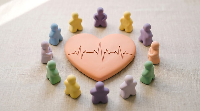 Colorful toy figures surrounding heart shape with heartbeat line illustration