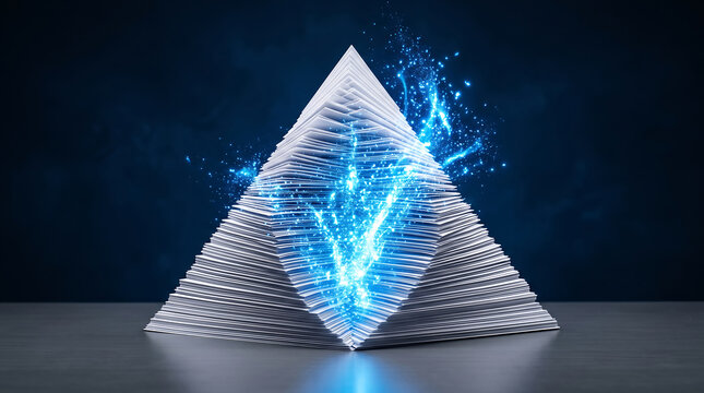 Futuristic digital pyramid emitting glowing blue energy particles in modern design setting