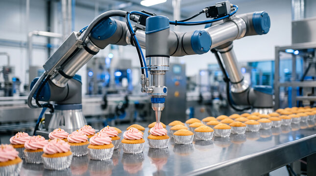 Industrial robotic arm decorating cupcakes with frosting on automated production line