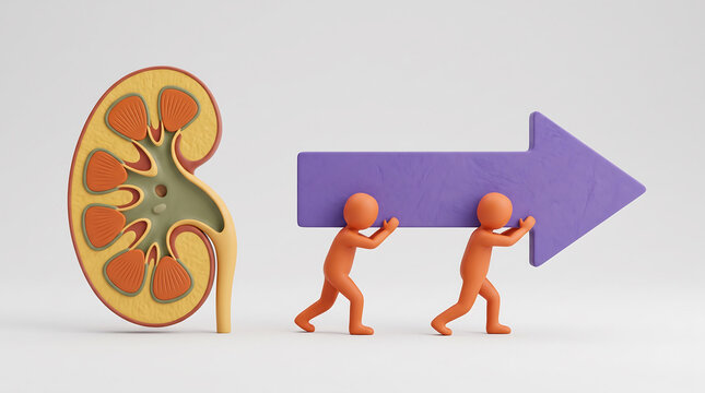 Two figures pushing large arrow symbolizing kidney health improvement direction
