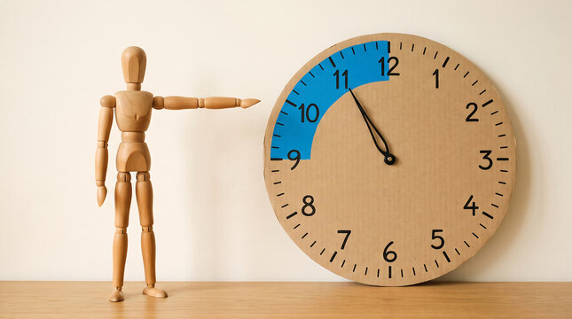Wooden mannequin pointing at clock showing time near eleven oclock