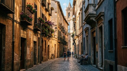 Fototapeta premium Historic urban buildings lining a narrow sunlit street, cinematic travel photography, warm ochre, terracotta and shadowed blue palette, rich architectural texture, cultural tourism and European-style