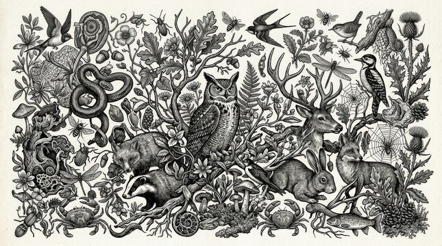 Dense monochrome collage of animals, plants and natural forms, black ink on white, vintage engraving-inspired textures, layered organic shapes, biodiversity, ecology and surreal nature-art