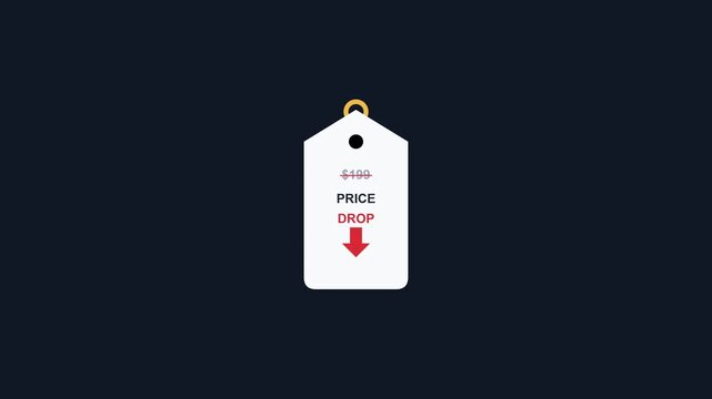 A white price tag icon featuring a red arrow indicating a price drop on a dark background.