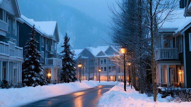 Snow covered residential street with illuminated houses and bare trees under a twilight sky