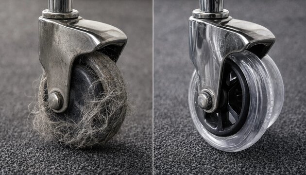 Before and after comparison of a dirty office chair caster wheel filled with hair and a clean new replacement wheel