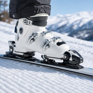 Close up of white ski boot secured in binding on snowy alpine mountain slope