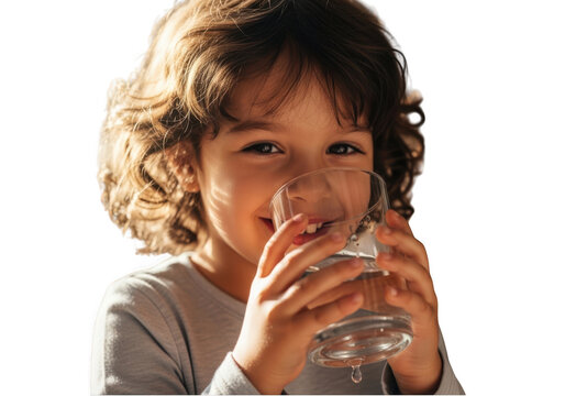 Child drinking from a glass with joyful expression