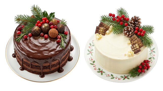 Two festive christmas cakes with chocolate and vanilla frosting decorated with berries and pine branches isolated on transparent background