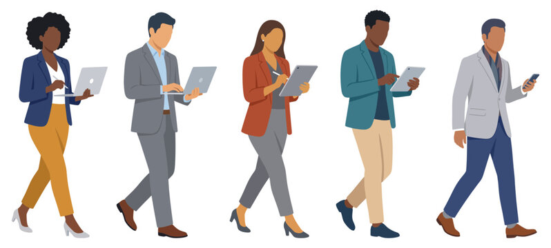 Diverse business professionals walking while using modern technology devices | Corporate team multitasking on the move | Vector graphic