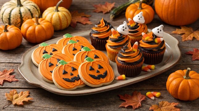 Delicious Halloween themed treats on a tray, featuring cute pumpkin sh