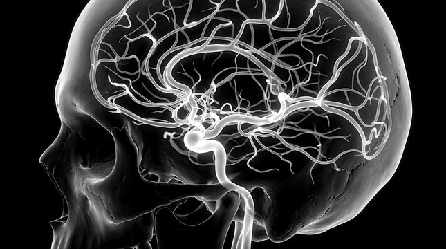 Human skull with brain blood vessel network