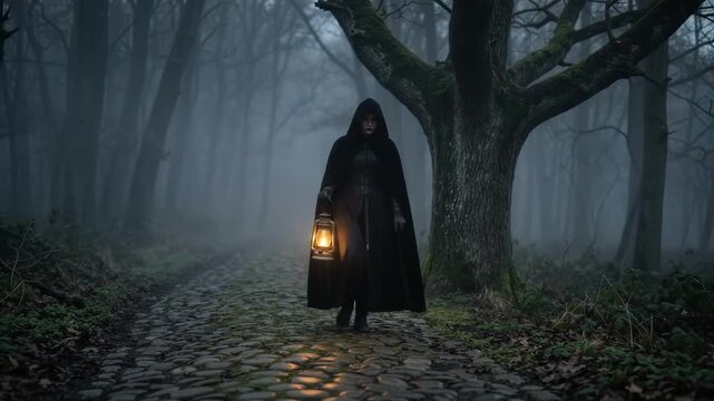 Mysterious Cloaked Figure Walking Through Dark Woods