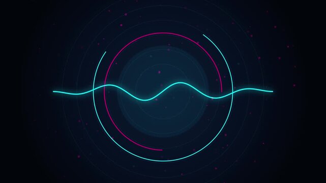 Neon soundwave frequency and rotating HUD circles tech background