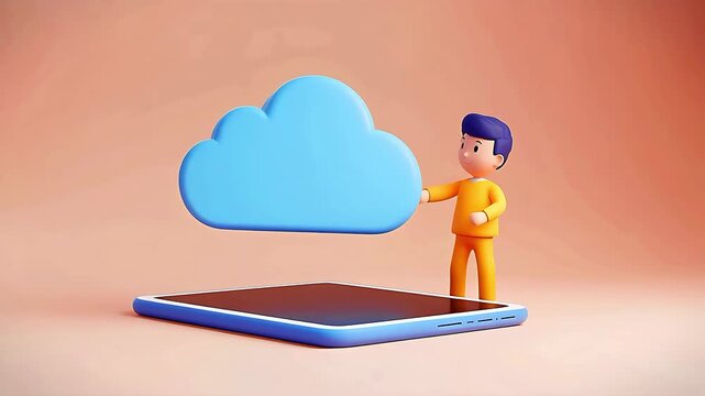 3d character holding a cloud icon on a smartphone for data storage. 4K Video