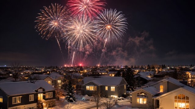 Colorful New Year fireworks burst above a snowy residential neighborhood at night