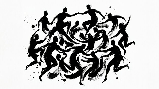 Black gestural silhouettes intertwined in an energetic abstract composition on white, bold brush illustration, dynamic human-like forms, high contrast, expressive movement, contemporary editorial art,