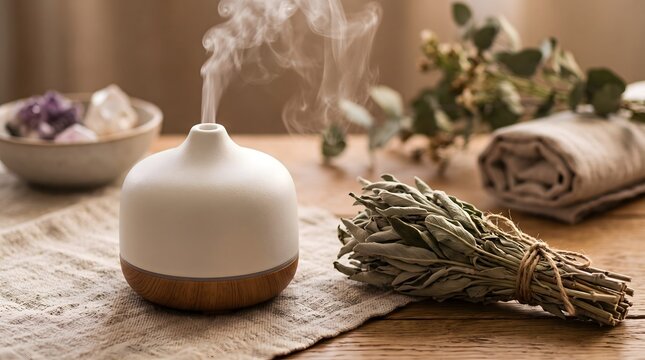 Essential oil diffuser releasing steam with sage on a wooden table