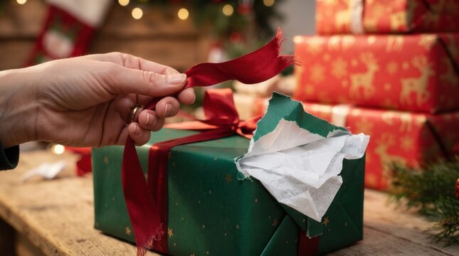 Hand untying red ribbon and opening green gift box with torn wrapping paper, capturing the excitement of Christmas morning for festive seasonal marketing campaigns and holiday gift guides.
