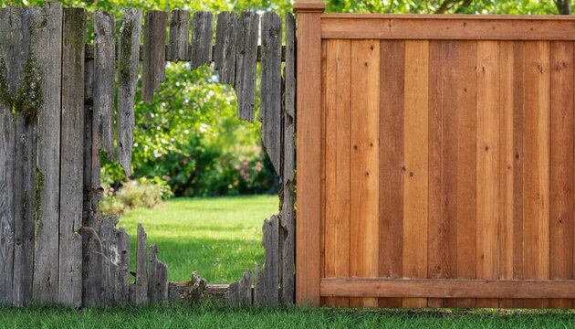 Comparison of a dilapidated old wooden fence versus a new modern cedar fence in a green garden landscape