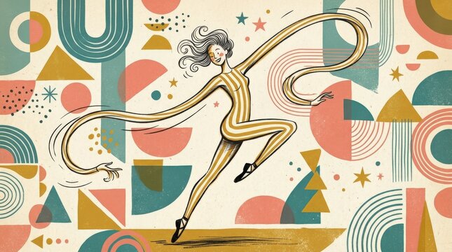 Elongated dancing figure with striped yellow body and dramatically extended arms, retro editorial illustration, muted teal, coral and mustard geometric backdrop, expressive movement, whimsical surreal