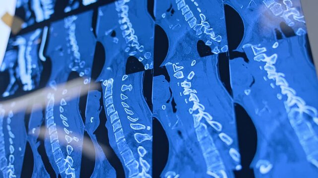 A medical light box displaying multiple sagittal views of a spinal CT scan or MRI film. High-contrast blue and white palette images against a dark background. Low angle view close up.