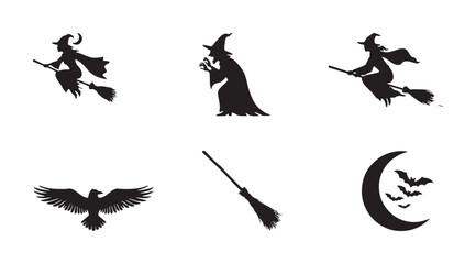 Fototapeta premium Witches and black magic symbols depicted as a collection of dark silhouettes featuring flying broomsticks and crescent moon.