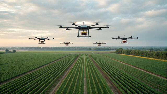 Autonomous agricultural drones flying over lush green field during sunrise, enhancing farming efficiency