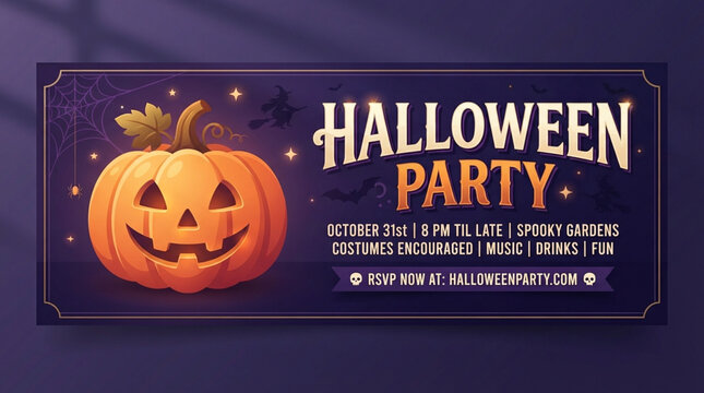 Halloween party invitation banner featuring a carved jack-o-lantern pumpkin on a dark purple background.
