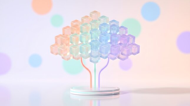Modular cloud data tree made of colorful translucent glass cubes representing structured digital growth