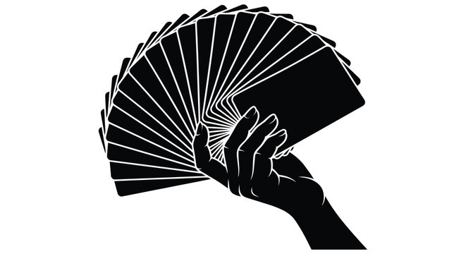 Hand holding fanned cards black silhouette on white background