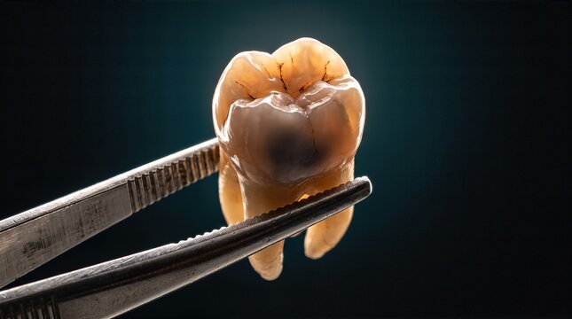 Dental forceps holding an extracted decayed tooth on dark background