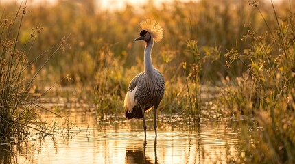 Fototapeta premium Grey crowned crane standing in wetland water at sunset