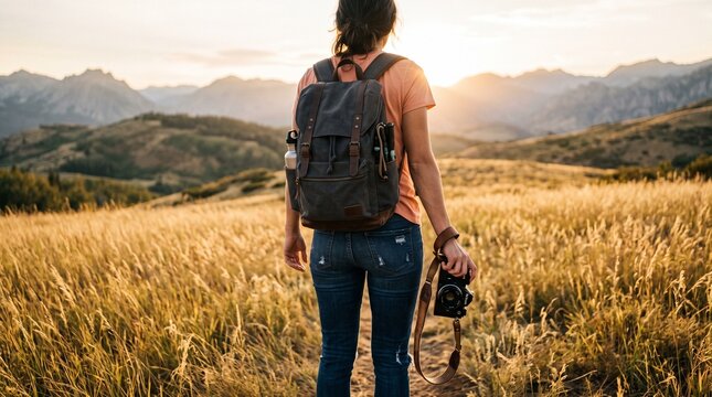 Female backpacker holding vintage camera exploring rugged mountain landscape during golden hour sunset with warm lighting