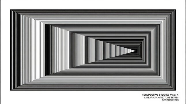 Black linear architectural pattern creating deep perspective through nested rectangular frames, monochrome vector illustration, dense parallel lines, sharp vanishing geometry, white background and